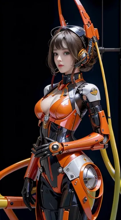 realisticlying, A high resolution, a 1 womone, hip-up, droid, Mecha Maiden,mechanicalparts, droid joints,single mechanical arm, Headset mecha, visible skin breast realistic from bra mecha, visible cable charging from hand Mecha, thigh skin visible from the...