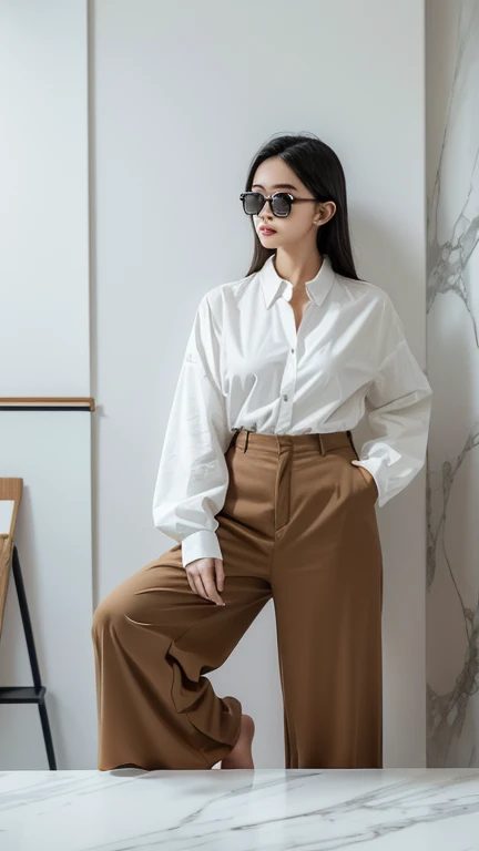 one woman、(((Marble pattern setup)))、Long sleeve open collar shirt、Oversized shirt、Slacks wide pants、sunglasses、The front hair is up、mysterious、art gallery、Artwork、Stylish、Creative space、pov