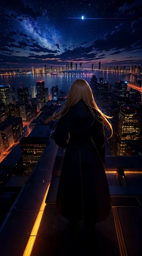 １people々々々々々,Blonde long-haired woman，Long coat， Dress Silhouette， Rear View，Space Sky, comet, Anime Style, City night view from the rooftop，