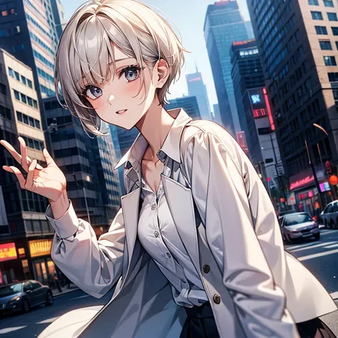 Cute girl in a white blouse、Jacket、Pixie Cut、slender、City、Mode