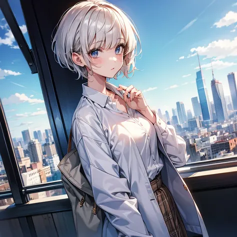 Cute girl in a white blouse、Jacket、Office Fashion、Pixie Cut、slender、City、Mode