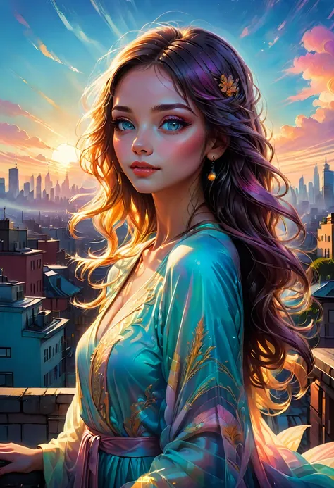 1girl,Person Standing on the Rooftop,aesthetic,scenic view,beautiful detailed eyes, beautiful detailed lips,captivating gaze,happy face,long flowing hair,graceful posture,aesthetic,artistic background,medium: oil painting,ultra-detailed,highres,vivid color...