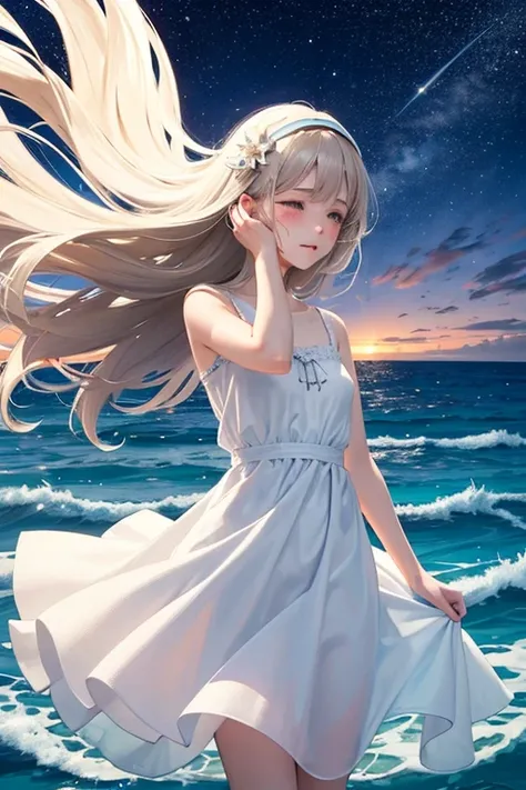 A girl with long hair is looking at the starry sky and crying. She is wearing a white dress. The sea breeze is blowing and light is dancing around her. At the end of the sea, there is the Virgin Mary.