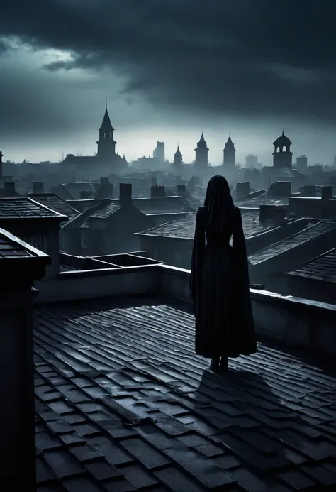 (best quality,4k,8k,highres,masterpiece:1.2),ultra-detailed,(realistic,photorealistic,photo-realistic:1.37),Horror on rooftop,arafed person,Dark aura,ominous atmosphere,gloomy shadows,mysterious figure,silhouetted monsters,haunting presence,twisted grotesq...