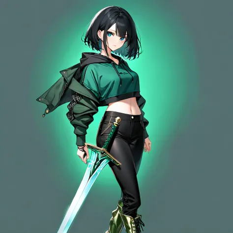 Make a woman with short straight black hair at shoulder length blue eyes wearing a green and black crop top with metallic details and wearing a dark green hoodie and black pants with green and metallic details and metallic high heel boots holding a sword