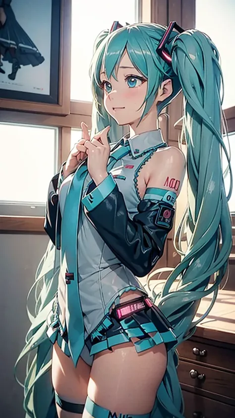 Super detailed, NSFW, masterpiece, High resolution, Photorealistic digital art, perfect lighting, (((1 girl, perfect anatomy))), accurate right hand, accurate left hand, five fingers, perfect style, (((hatsune miku,))) 3d face, big light blue-green eyes, g...