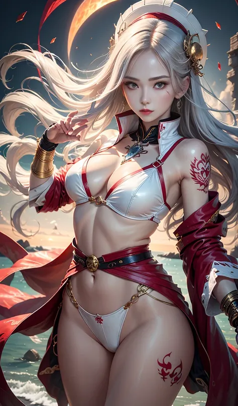 Whole Body Ezbian, highest quality, Exquisitely rendered skin, Shiny skin, Shiny Hair, Pale complexion，Big Same), 　The sky turns red,　Red Moon，Beach，water&#39;horn, ((Skull mark)), ambitious, Captivating woman, Hair mixed with grey hair, Long Hair, Hair bl...