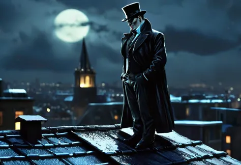 penguin, oswald cobblepot is a comic dc book character, perched atop a roof, captured in dc comics style, noir ambiance pervadin...