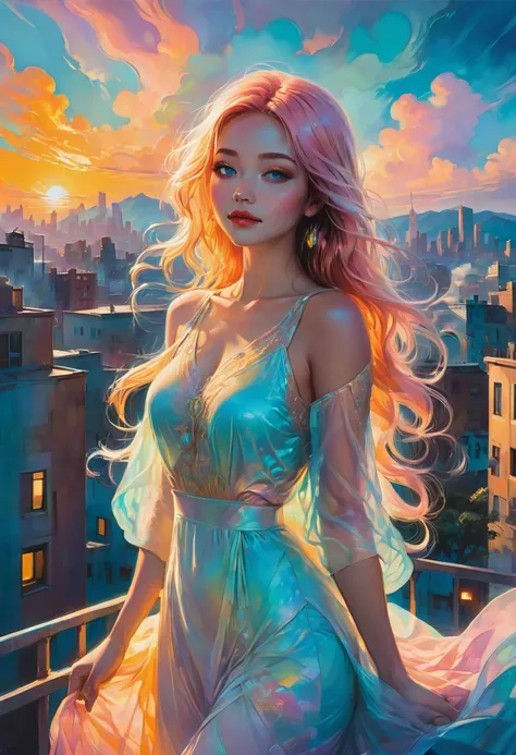 1girl,Person Standing on the Rooftop,aesthetic,scenic view,beautiful detailed eyes, beautiful detailed lips,captivating gaze,happy face,long flowing hair,graceful posture,aesthetic,artistic background,medium: oil painting,ultra-detailed,highres,vivid color...