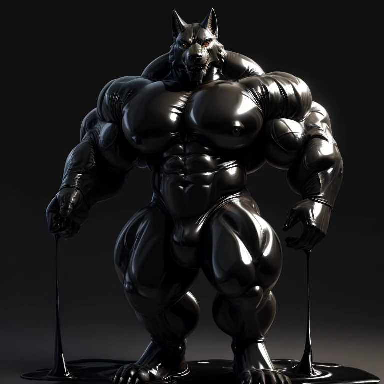 solo, male, wolf , scales, detailed face, detailed eyes, hyper muscles, hyper pecs, thick thighs, standing, plain background,((corruption)), black glowing liquid，（((liquid_latex, , rubber:1.2)，,black latex，goo transformation，