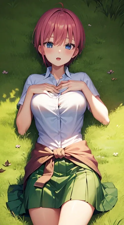 2d, masterpiece, best quality, anime, highly detailed, 1girl, solo, cowboy shot, nakano ichika, pink hair, short hair, cardigan around waist, lying down on grass, :o, hands on chest, collared shirt, green skirt, miniskirt, medium breasts, school, outdoors,...