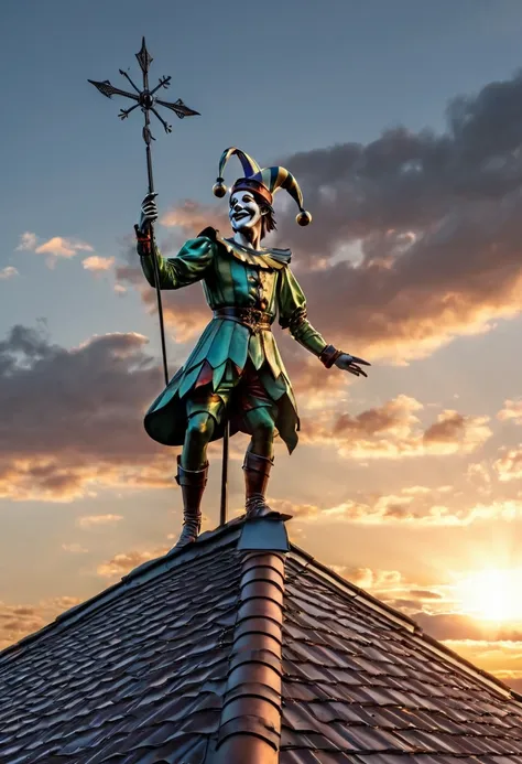 a metal weather vane in the form of a jester, on the roof of stockholm. 35 avards photos won. clouds of bizarre shapes. the rays...