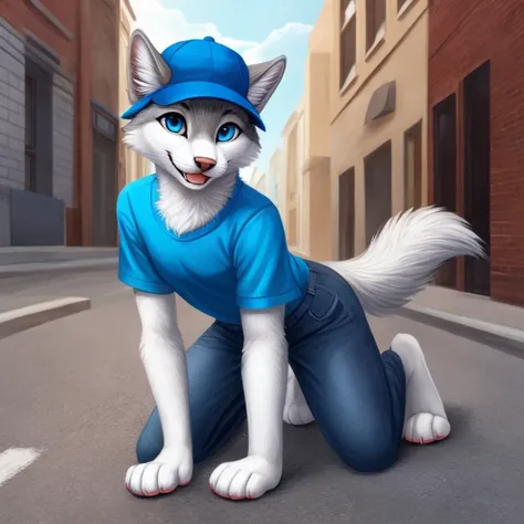 masterpiece, solo, furry gray wolf, teen, gray fur, white facial fur, blue eyes, blue tight shirt, blue cap, playing with a kitten on the street, happy, having fun