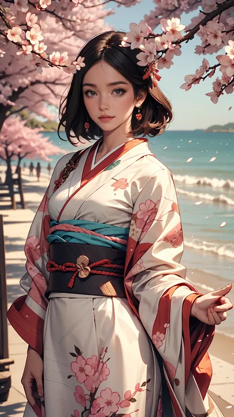 One girl,Black Hair, floating hair, Seaside,景color,landscape,cherry blossoms, Falling petals, Sunbeam,God&#39;s Rays,Upper Body,  color,dress,kimono