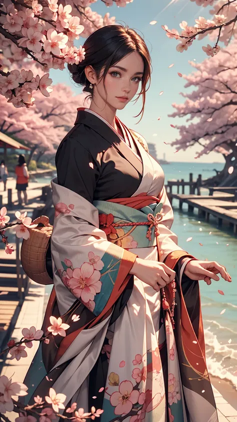 One girl,Black Hair, floating hair, Seaside,景color,landscape,cherry blossoms, Falling petals, Sunbeam,God&#39;s Rays,Upper Body,  color,dress,kimono