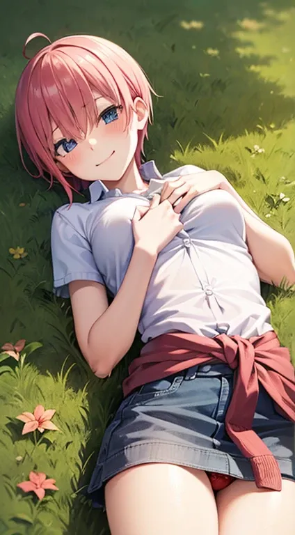 2d, masterpiece, best quality, anime, highly detailed, 1girl, solo, cowboy shot, nakano ichika, pink hair, short hair, cardigan around waist, lying down on grass, smug smile, hands on chest, red lingerie:1.3, medium breasts, school, outdoors, medium claver...