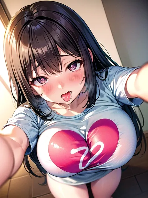 saliva、Heart-shaped pupils, (masterpiece, highest quality), One girl, 、Big Breasts、cute、blush、orgasm、T-Shirts