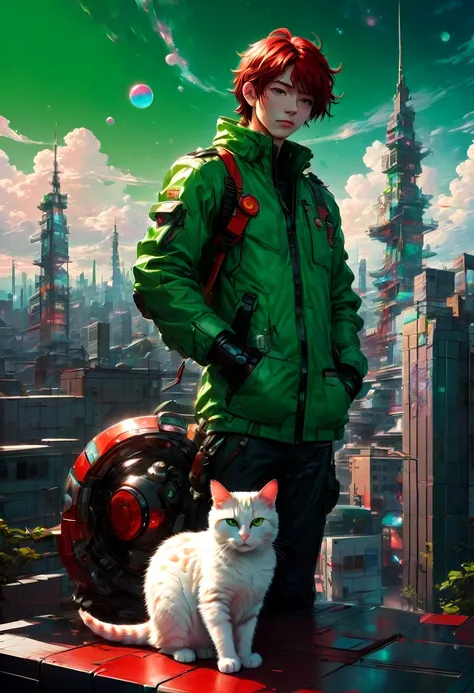 1boy,Person Standing on the Rooftop,aesthetic,Person Standing on the Rooftop and Rookwood Studios Studio 2010 Anime Series, square enix anime decora green colored theme, robotech styling with red accents and a white cat on the left, artwork by Studio Ghibl...