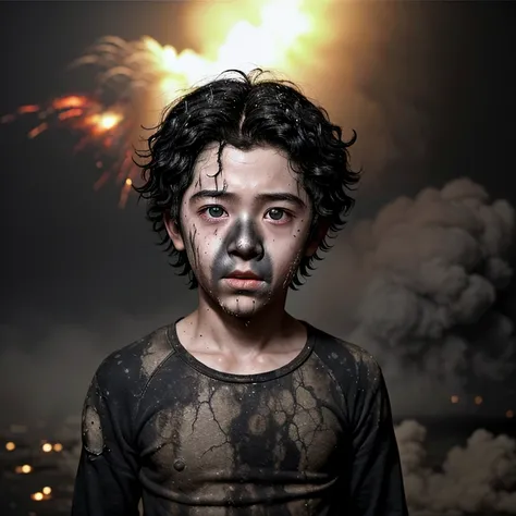 Caught in an explosion、A boy actor covered in soot with his hair standing on end