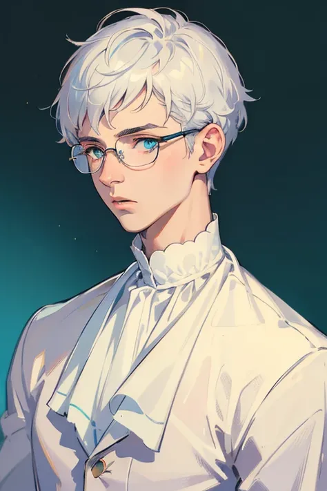 ((Masterpiece, Highest Quality)), Detailed Face, 1boy, young boy, white sweater, turquoise eyes, (((Top Quality))), Short hair, Shaved whiskey,Spits, white colored hair, Stylish glasses