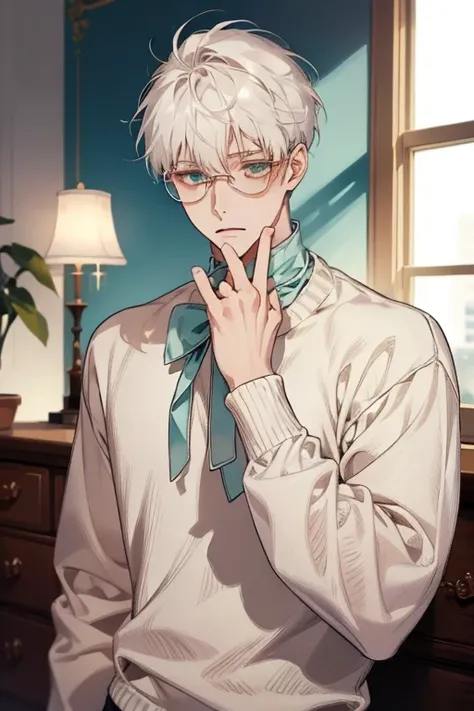 ((Masterpiece, Highest Quality)), Detailed Face, 1boy, young boy, white sweater, turquoise eyes, (((Top Quality))), Short hair, Shaved whiskey,Spits, white colored hair, Stylish glasses