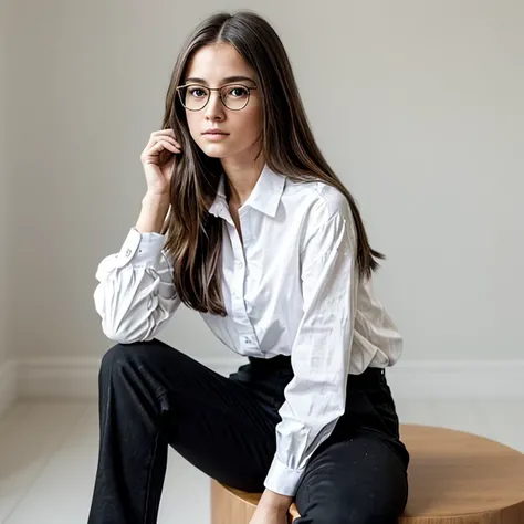 The image features a young woman as the main subject. She is sitting with her legs crossed and is dressed in a casual fashion, wearing a white long-sleeved shirt and black pants. Her eyeglasses are a notable feature, with large, round frames that draw atte...