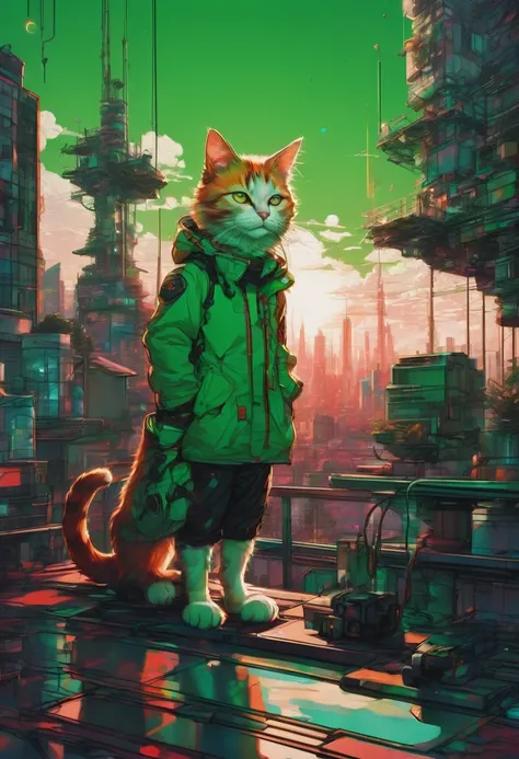 1boy,(human:1.5),Person Standing on the Rooftop,aesthetic,Person Standing on the Rooftop and Rookwood Studios Studio 2010 Anime Series, square enix anime decora green colored theme, robotech styling with red accents and a white cat on the left, artwork by ...