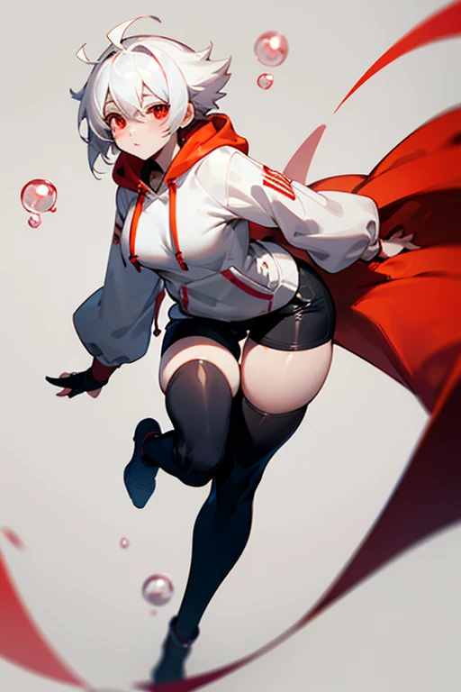 shy tiny anime guy with white hair and red eyes i wear white hoody and a black short i wear thigh high black socks my skin is soft and pale i am very curvy for a guy i have a weak body but with quite velonptuous but thin thigh and a bubble butt