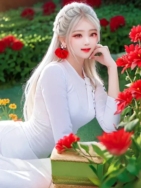 (((Female teacher lying in the flower garden)))v6, earrings, full body v6, (long golden white hair), translucent clothes, look, superb, ultra high definition, RAW photography, realism 1.25), (bright lip gloss, long eyelashes, smooth) face, bright skin, nat...