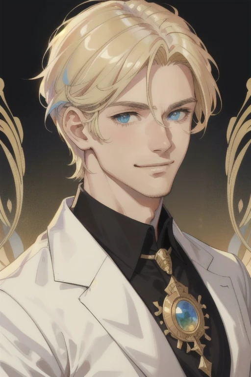 masterpiece, best quality, realistic, 1man, mature man, muscular tall, handsome, smile, closed mouth, portrait, extremely detailed face, (short hair), (golden hair), (heterochromia in eyes)