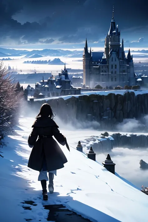 Highest quality、masterpiece、8k、Europe、In the snow、A road to a castle、(((Europeの大きな城)))、(((Fantastic landscape)))、Snow is falling、A young woman heading towards the castle、Back view、French、so beautiful、very detailed face、22 years old、Snow is piled up all ove...