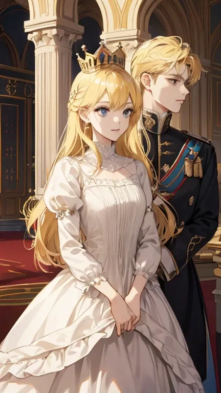 (high quality, sharp focus) 1girl, 2 boy, different hair color, blonde hair girl, royal era, beautiful dress, castle things, crown, cinematic graphic