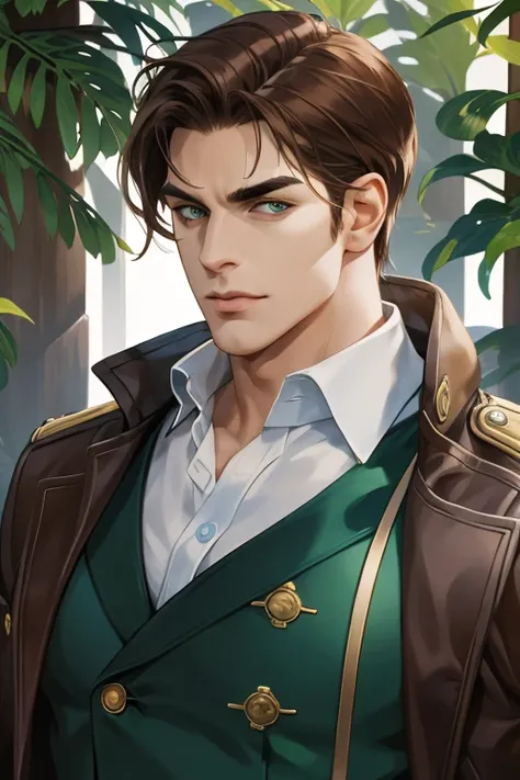 (absurdres, highres, ultra detailed), (1 male, solo, adult, mature, aged up, tall muscular guy, broad shoulders, handsome), wavy brown hair, green eyes, (angular jaw, thick neck, thick eyebrows), BREAK, forest, fantasy, Uniform, extremely detailed face, up...