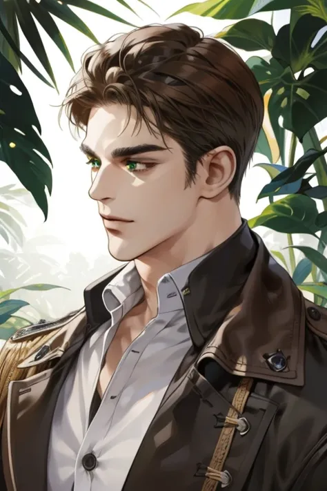 (absurdres, highres, ultra detailed), (1 male, solo, adult, mature, aged up, tall muscular guy, broad shoulders, handsome), wavy brown hair, green eyes, (angular jaw, thick neck, thick eyebrows), BREAK, forest, fantasy, Uniform, extremely detailed face, up...