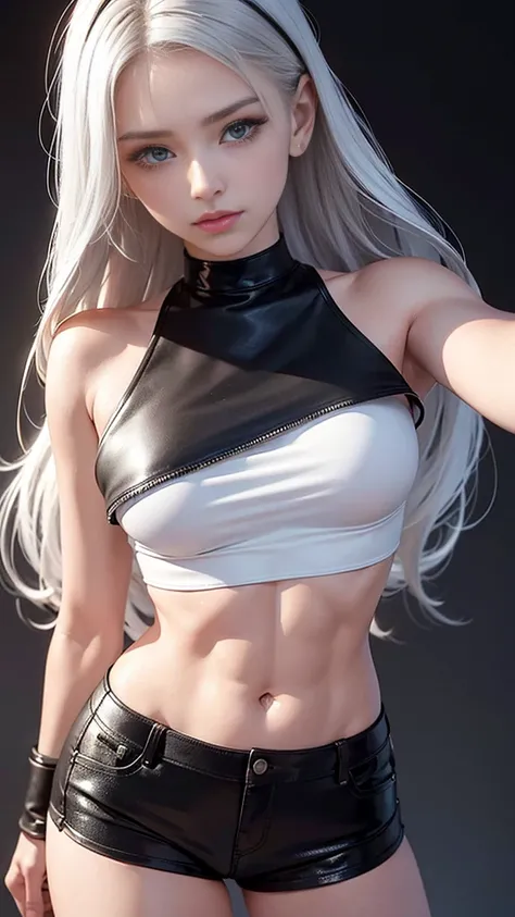 finely detailed beautiful eyes, overhead view, 1 woman, wide shot, white crop top, leather short shorts, black shorts, leather jacket, open shoulders, silver hair, long hair, detailed background, abs, black shorts, sweat, night, night club, crowded party