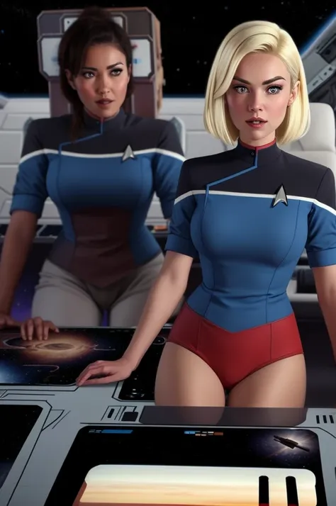 woman in blue,on a spaceship,short blonde