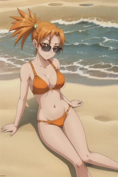 (Anime), (illustration), Cartoon, detailed,  Dvache,  hair ornament,  Sunglasses,  Orange flowing hair, orange eyes, short ponytail,  heart hair decoration , ponytail, in a bra, in a bikini, sexuality, lies on the sand, long legs