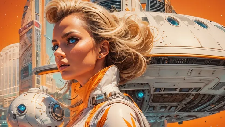 arafed image of a white woman in a futuristic suit with a spaceship in the background, movie art, in front of an orange background, inspired by Robert McGinnis, female protagonist, megastructure in the background, portrait of an ai astronaut, astronauts, a...