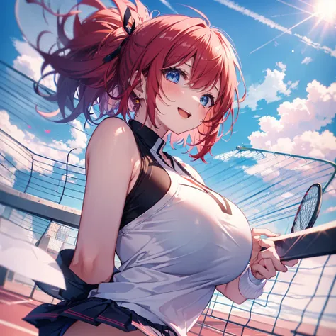 absurdres, highres, BREAK cowboy shot BREAK (vivid-color:1.3) BREAK (one girl:1.3), (loli:1.2),red hair, blue eyes, tennis uniform, playing tennis, hairclip, earrings, jewelry, nm1, hair ribbon, short hair, tennis cosplay, (pleated super short skirt:1.4), ...