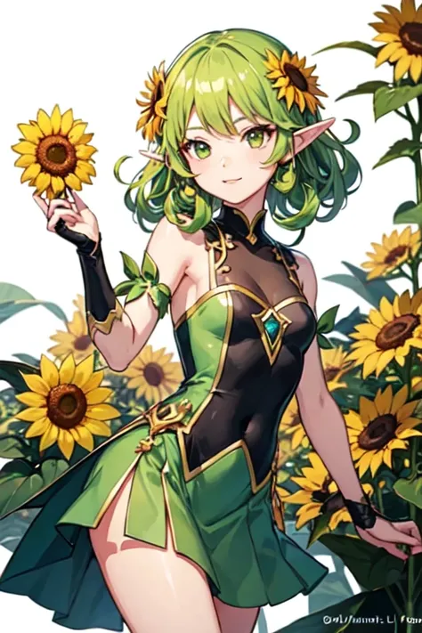 cartoon sunflower with a green skirt and a black top, tatsumaki, elf girl wearing an flower suit, tatsumaki with green curly hair, official art, beautiful sunflower anime girl, a blonde emerald warrior, the non-binary deity of spring, , character art of ma...