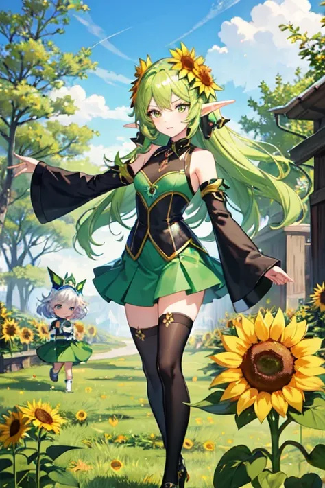 cartoon sunflower with a green skirt and a black top, tatsumaki, elf girl wearing an flower suit, tatsumaki with green curly hair, official art, beautiful sunflower anime girl, a blonde emerald warrior, the non-binary deity of spring, , character art of ma...