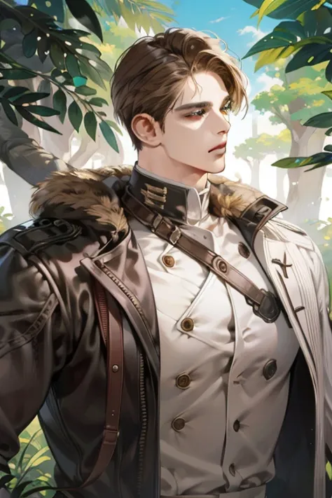 (absurdres, highres, ultra detailed), (1 male, solo, adult, mature, aged up, tall muscular guy, broad shoulders, handsome), wavy brown hair, green eyes, (angular jaw, thick neck, thick eyebrows), BREAK, forest, fantasy, Uniform, extremely detailed face, up...