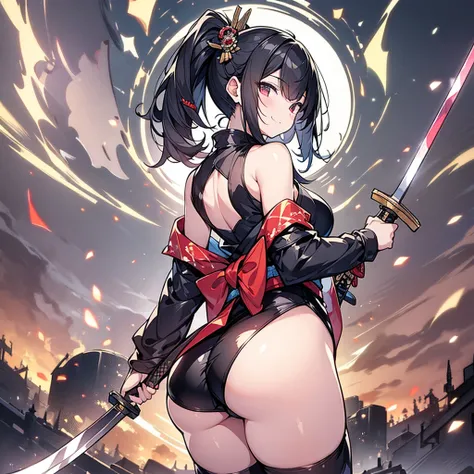 master-piece,hyper quality, hyper detailed,perfect drawing,CG,3D,8k,illustration,beautiful face girl,one beautiful girl, samurai costume, black hair, ponytail, big red ribbon, kimono, obi sword, tachi, wakizashi, double point, hakama, Japan armor, hanging ...