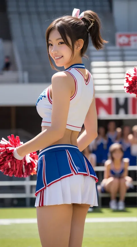 Panties visible through the skirt, (Japan Cheerleaders:1.3), gros-plan,  Photo, Big breasts, (12year old), Young face, Pretty Face, Raw photo, Best Quality, High resolution, (masutepiece), (Photorealistic:1.37), Professional Photography, Sharp Focus, nffsw...