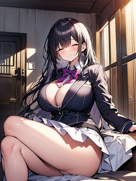 masterpiece, best quality, highres, blue bowtie, collared shirt, blazer, red jacket, long sleeves, white skirt, pleated skirt, black socks, panties, loafers, (ultra detailed breast skin texture:1.2, ultra enormous gigantic breast expansion :1.2, covered ni...