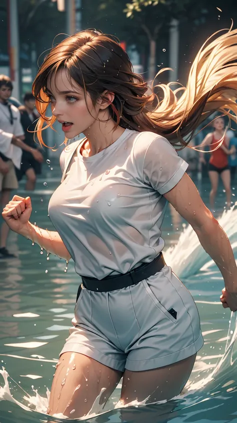 masterpiece, highest quality, (Dynamic pose:0.5), Absurd, One girl,  Fighting Pose, punch water, (Attacking with water:1.5) Wet clothes, wet hair, Wet Face, Water behind a person, Multicolored Hair, (Wind:1.4)