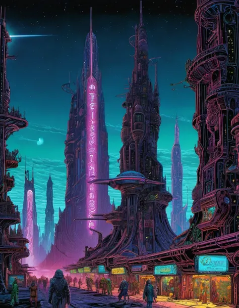 moebius,druillet inspired heavy metal art a futuristic city during a neon-lit night , each building holds a different ecosystem, from high-tech metropolis to traditional markets, the contrast in colors and textures should be distinct surreal,dramatic light...