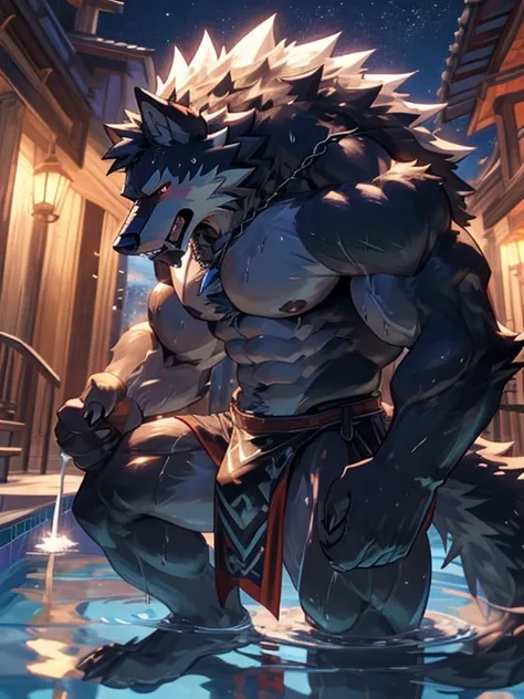 (highest quality:1.2), (masterpiece:1.2), (Super detailed:1.2), Tall、Tightened、Muscular blue werewolf (( Excessive sweating)),(((que todo su cuerpo del hombre lobo este por todas partes este Excessive sweating))),(( Black loincloth)),(((I&#39;I don&#39;t w...