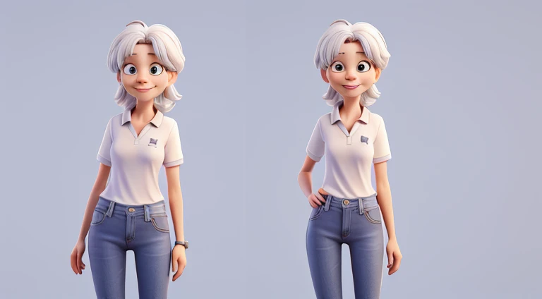 50 year old woman, housewife, slim body, kind, kind, wearing a white polo shirt and wearing jeans, anime character, manga, 3D illustration style, 3D rendering, plain background,