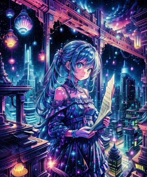 Sheet music playback、Colorful sheet music is played、Cute girl characters、 Night view from a high place、Drawing a large number of skyscrapers, Looking up at the starry sky. Surround her with colorful nebulae and colorful metropolis.